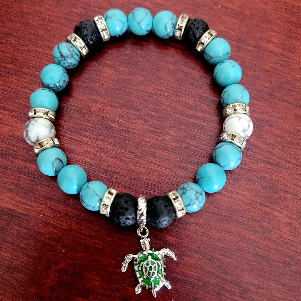 Handcrafted Turquoise Nautical Bracelet with Turtle charm.